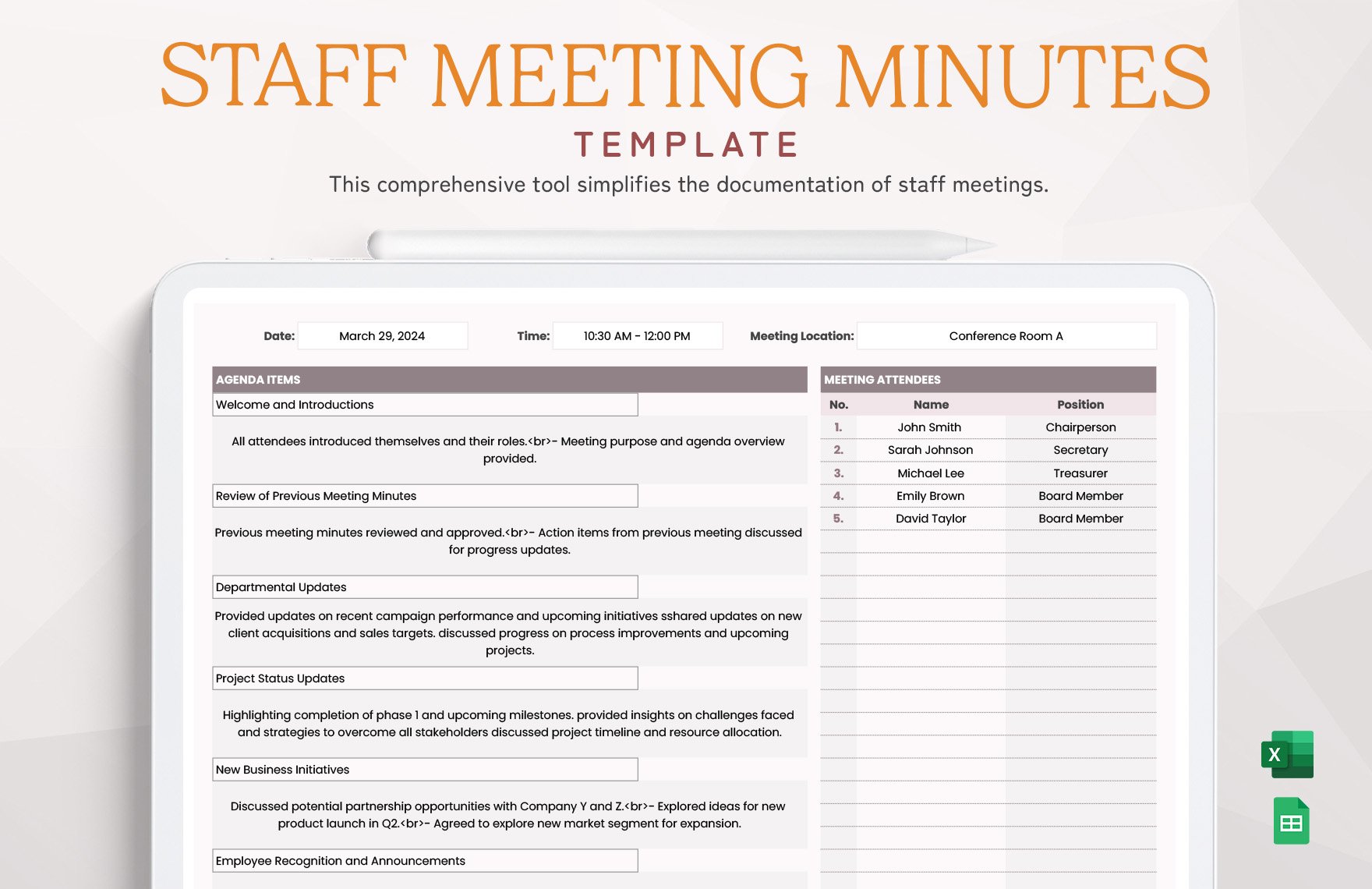 Staff Meeting Minutes Template in Excel, Google Sheets