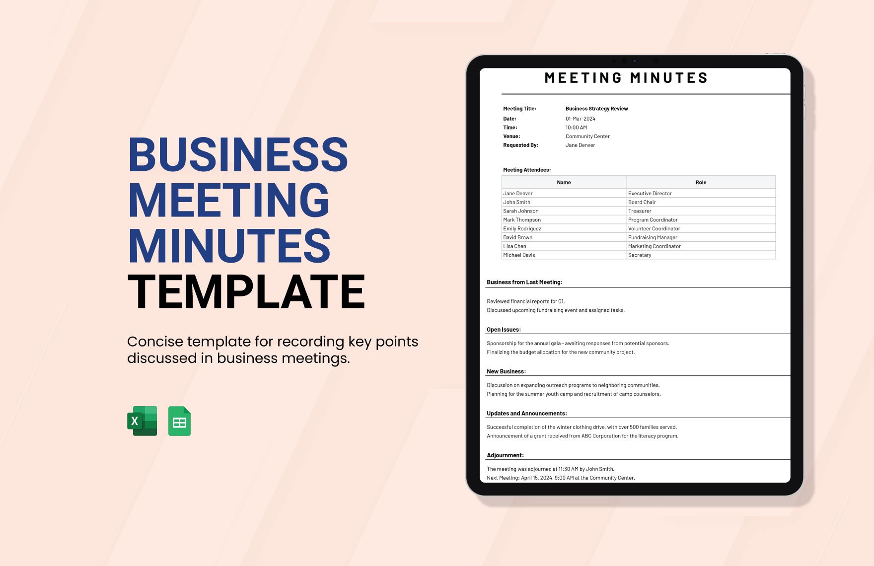 Business Meeting Minutes Template in Excel, Google Sheets