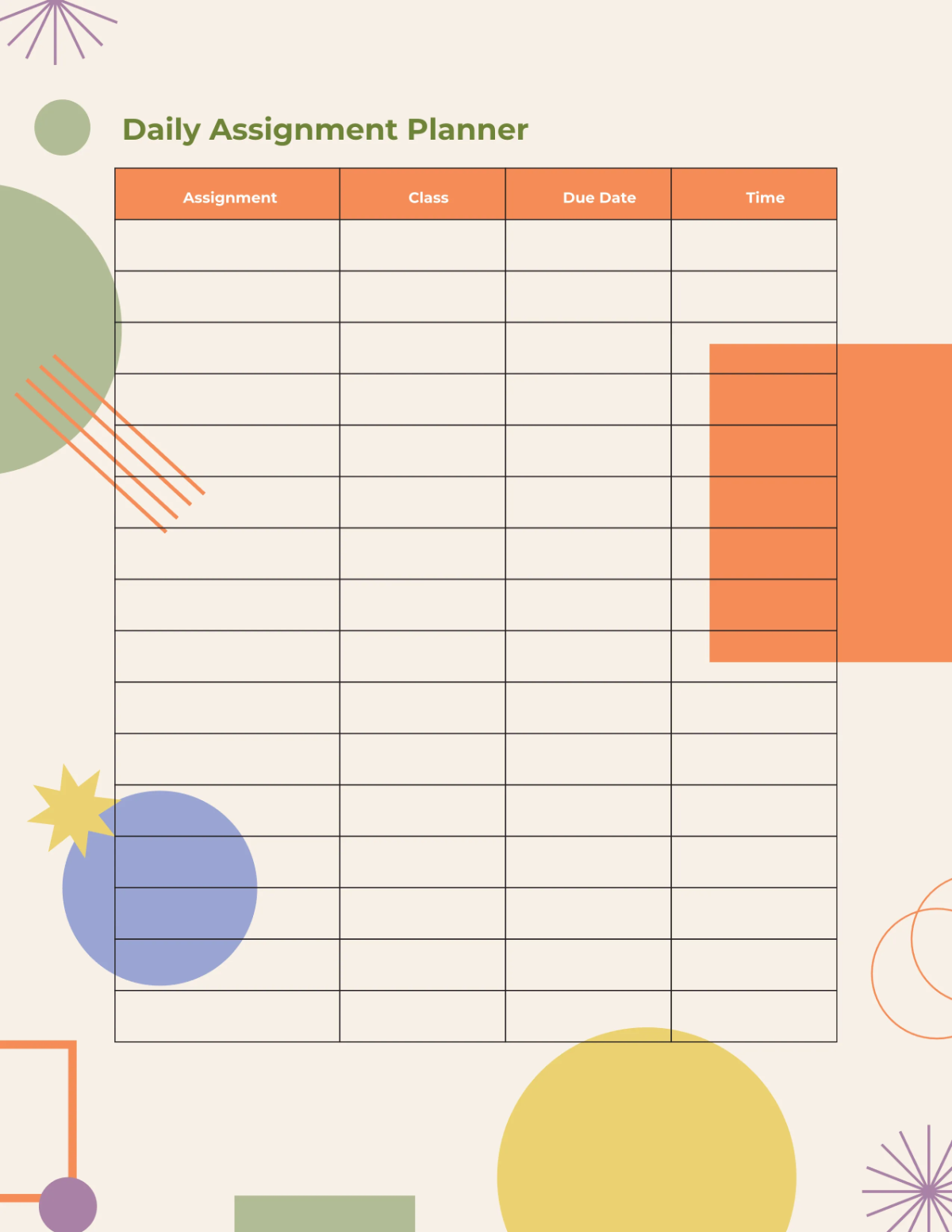Free Assignment Planner Template to Edit Online