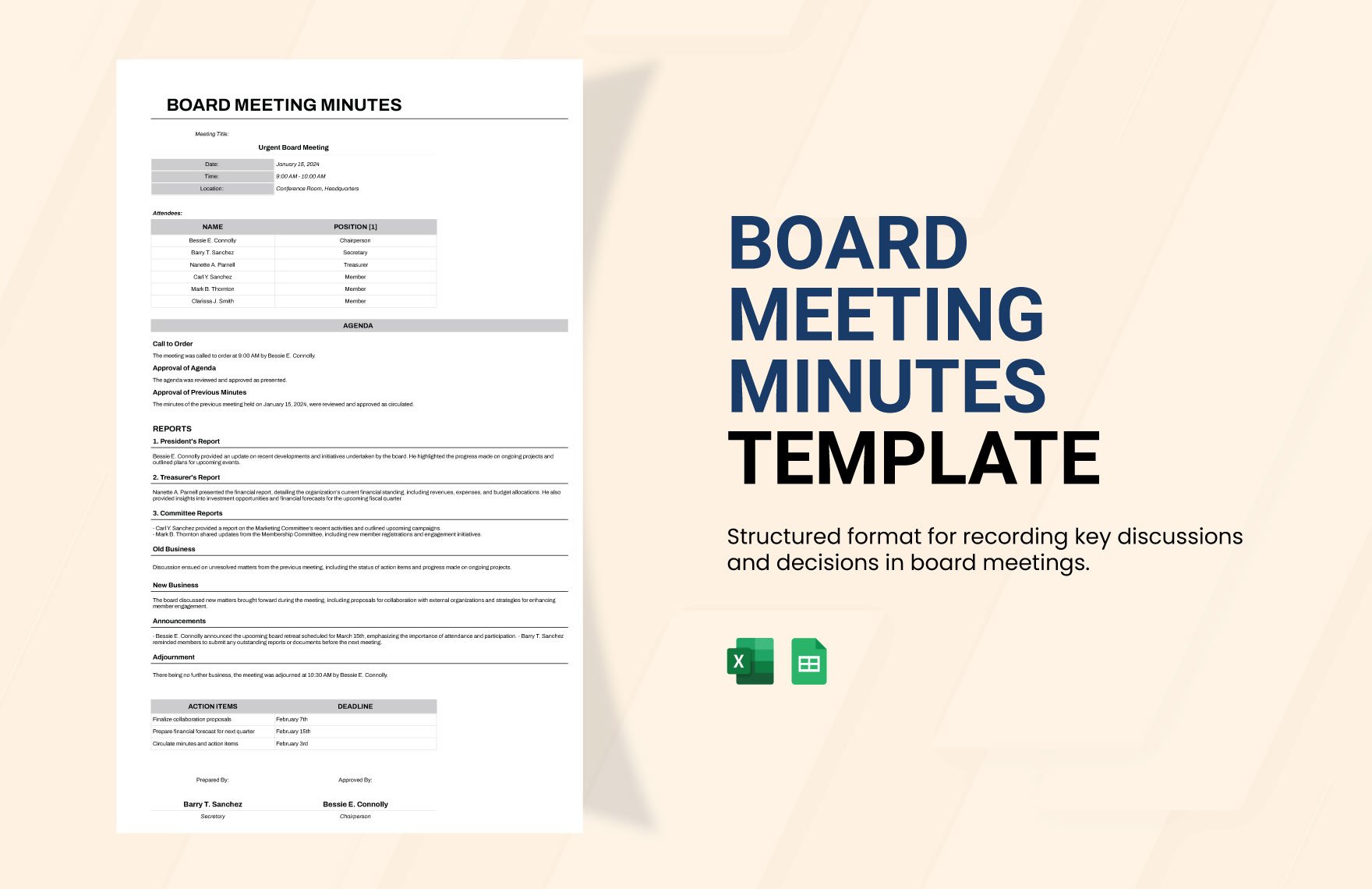 Board Meeting Minutes Template in Excel, Google Sheets