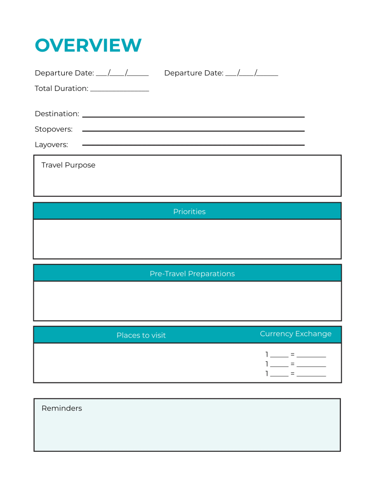 Free Basic Itinerary Planner Template to Edit Online