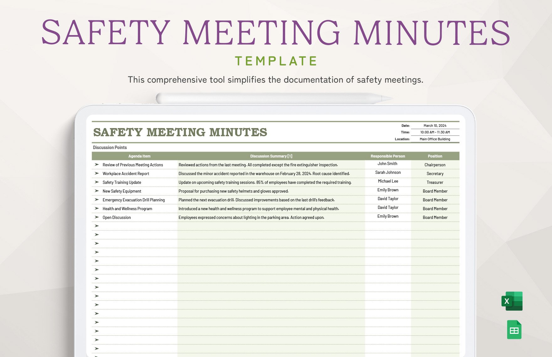 Safety Meeting Minutes Template in Excel, Google Sheets