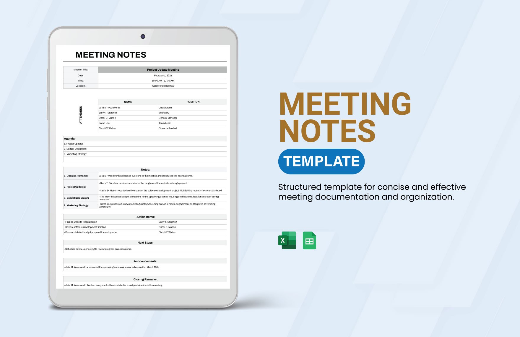 Meeting Notes Template in Excel, Google Sheets