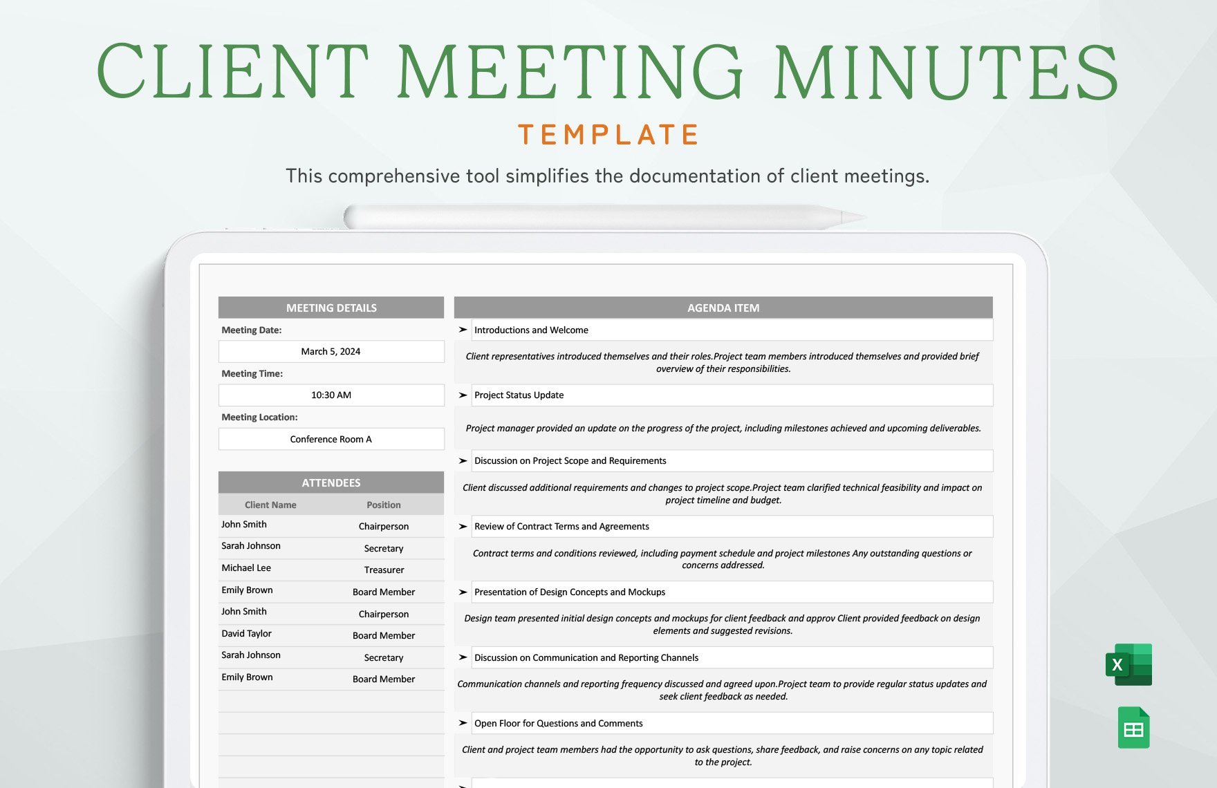 Client Meeting Minutes Template in Excel, Google Sheets