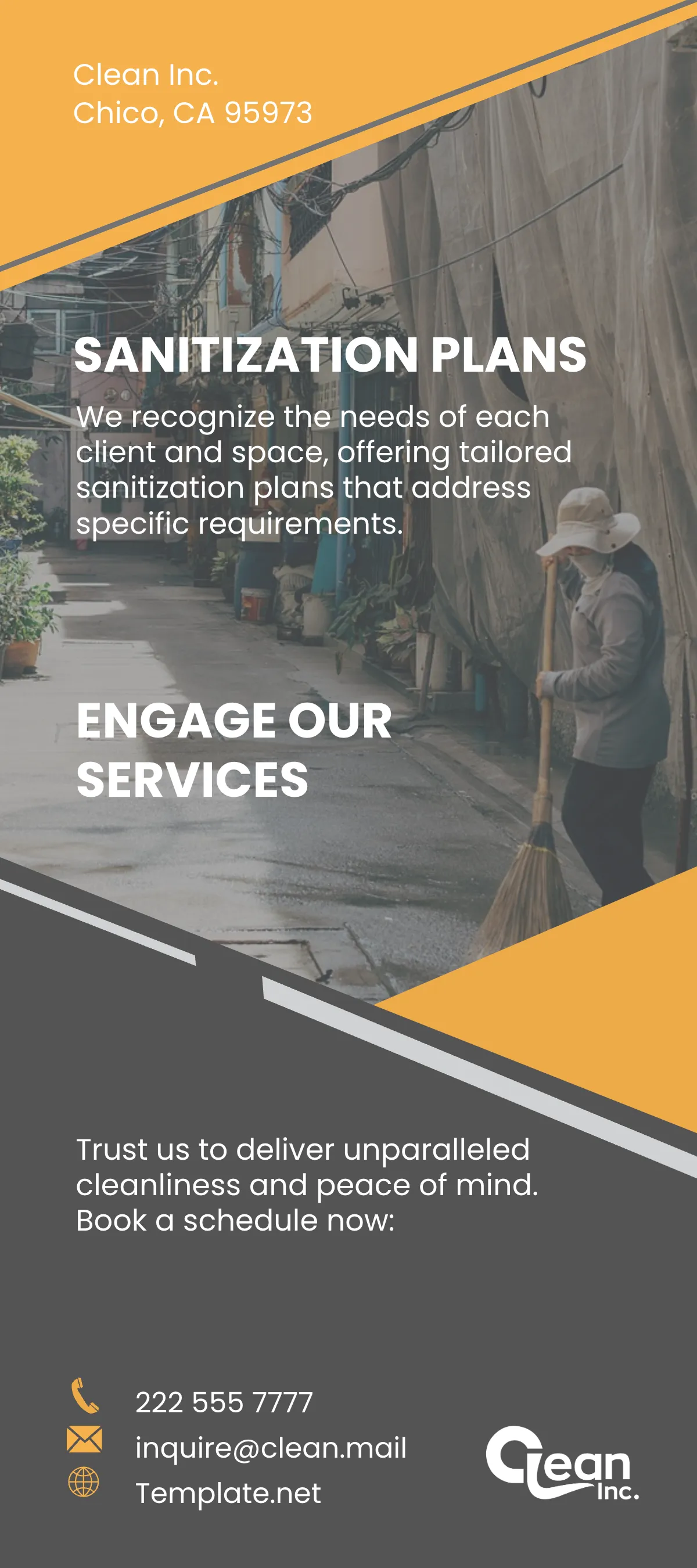 Free Disinfection and Sanitization Services Rack Card Template to Edit Online