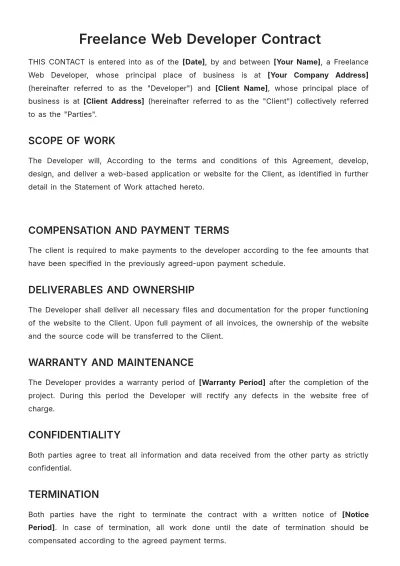 Free Freelance Web Developer Contract Template to Edit Online