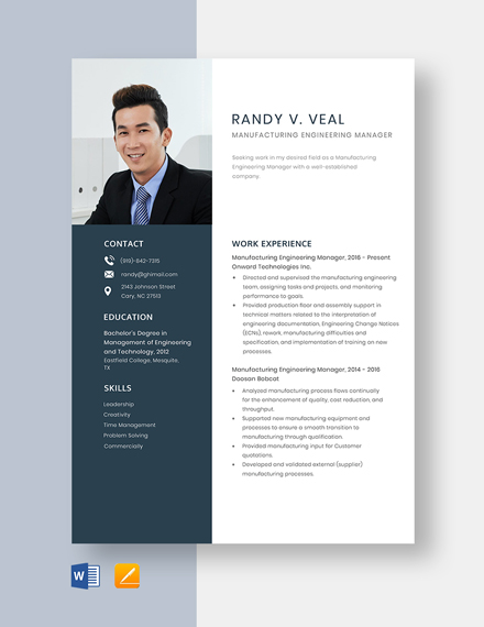 Manufacturing Engineering Manager Resume Template - Word, Apple Pages