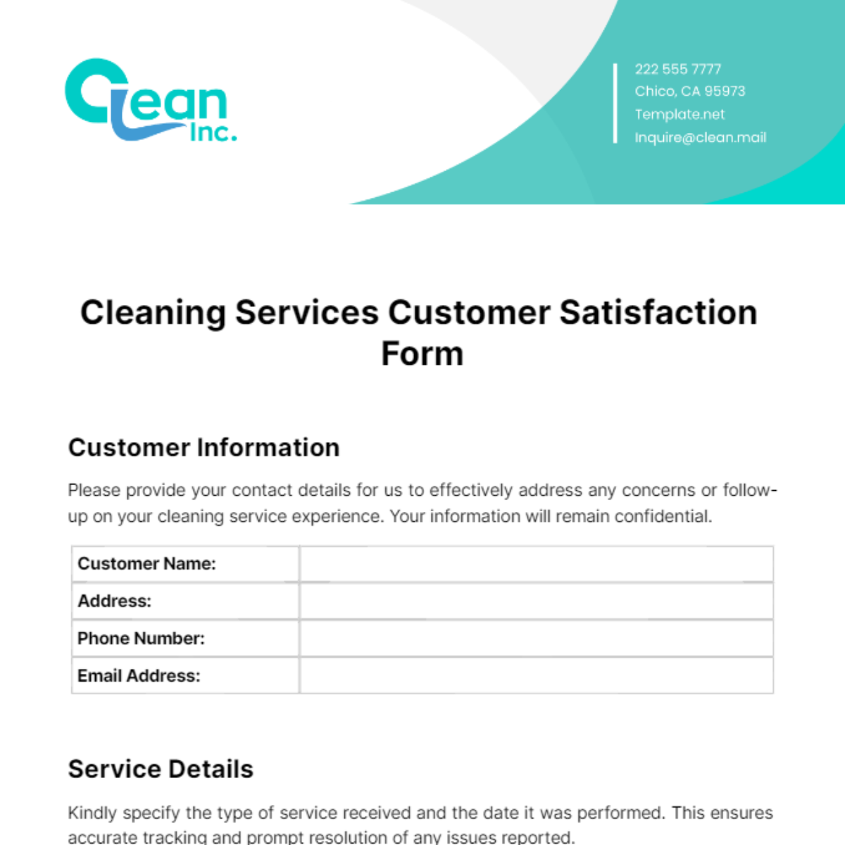 Free Cleaning Services Customer Service Form Template