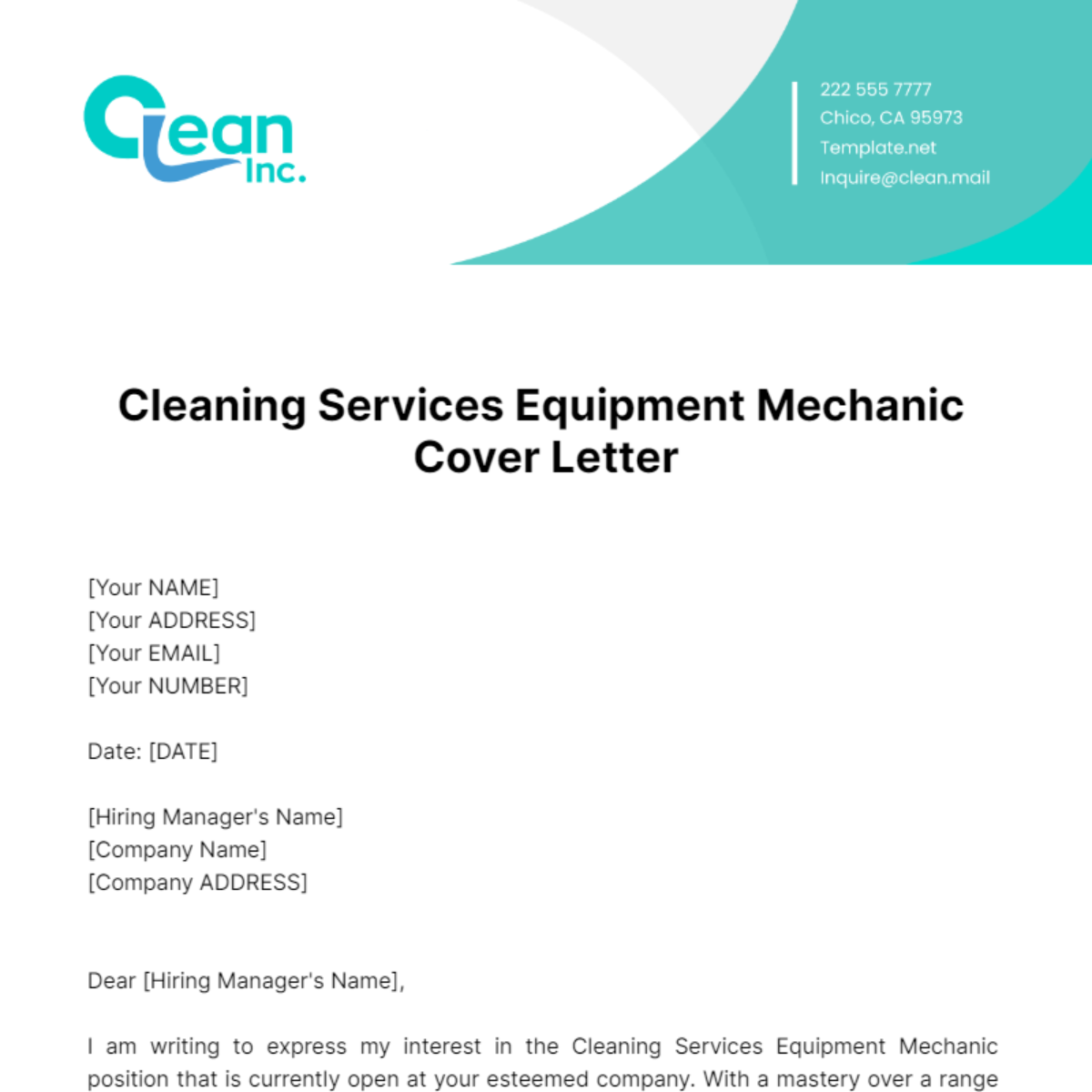 Cleaning Services Equipment Mechanic Cover Letter Template