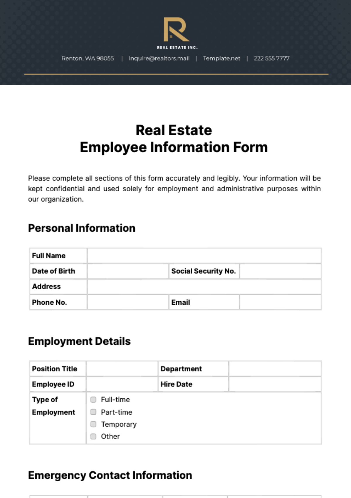 Free Real Estate Employee Information Form Template