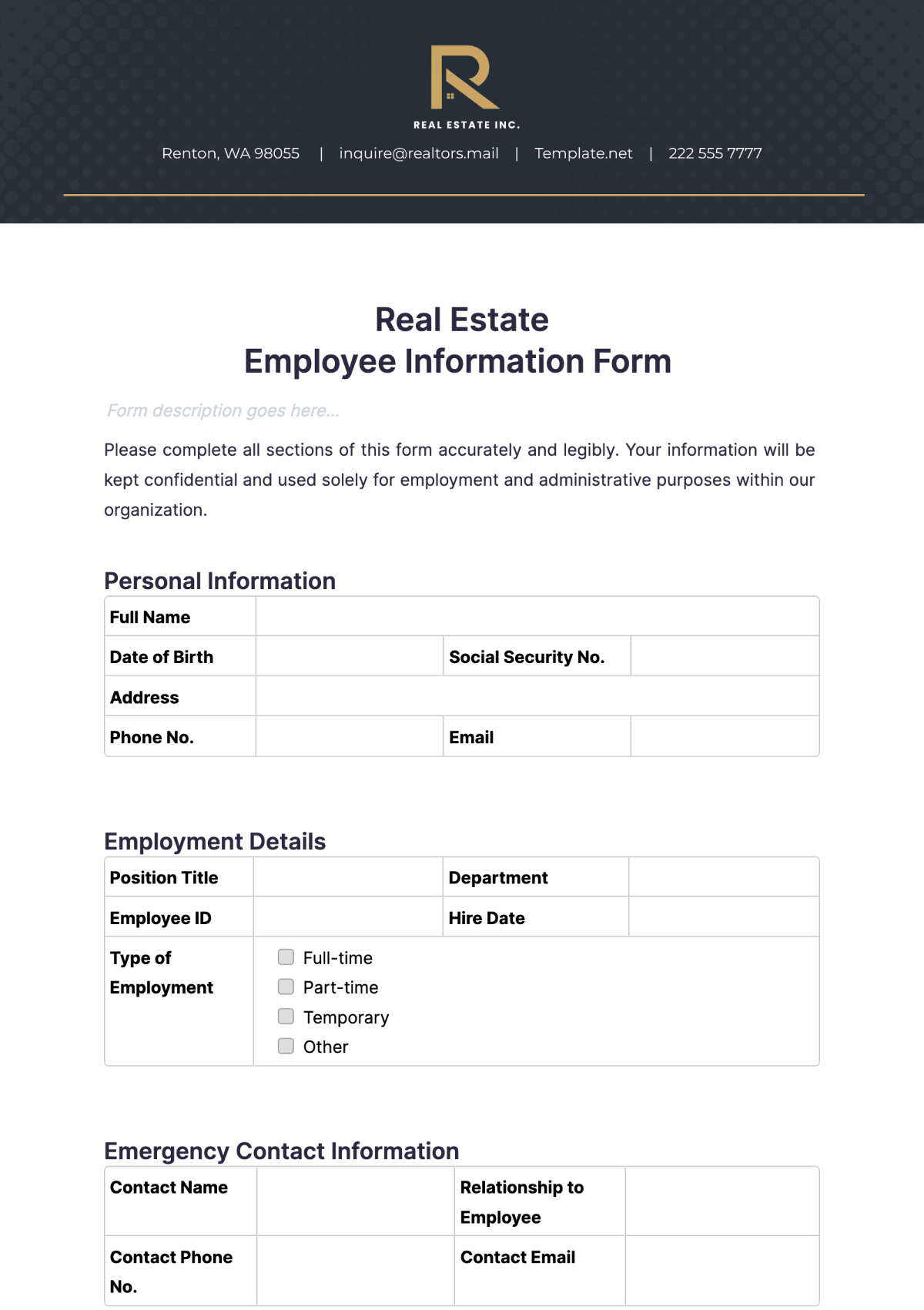 Real Estate Employee Information Form Template - Edit Online & Download