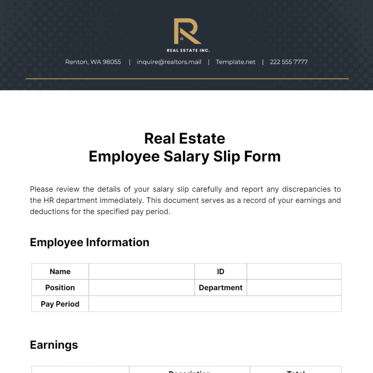 Real Estate Employee Salary Slip Form Template
