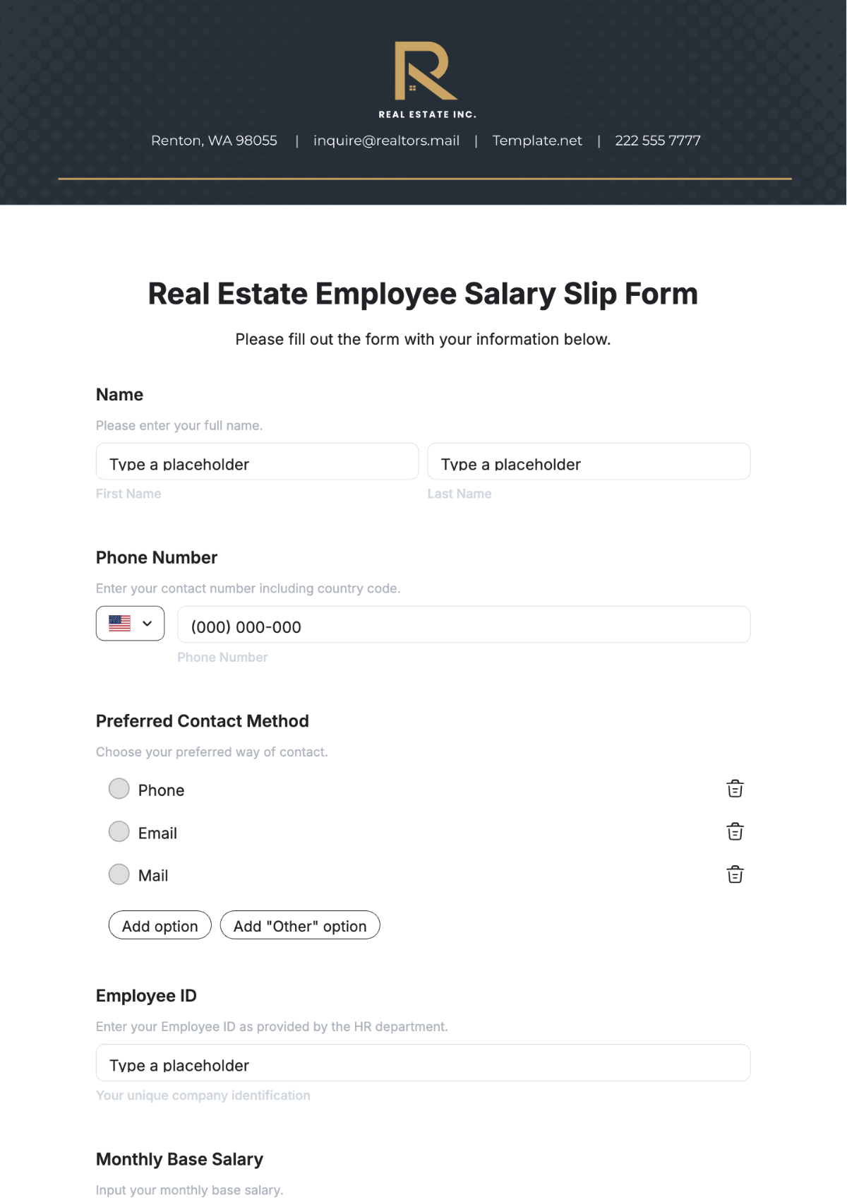 Free Real Estate Employee Salary Slip Form Template