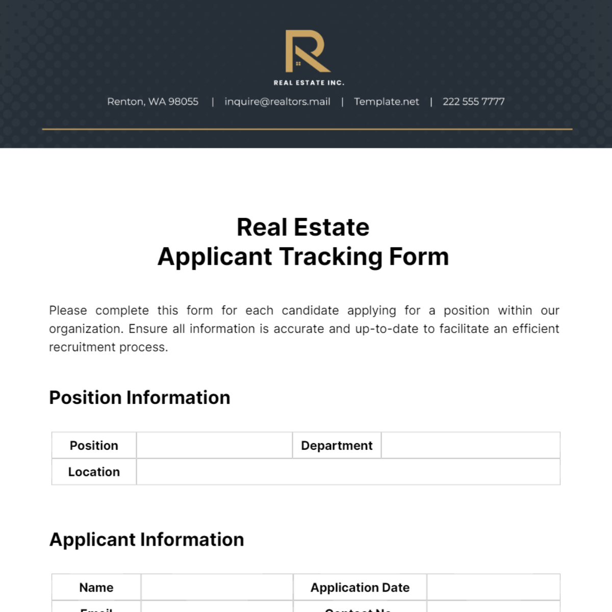 Real Estate Applicant Tracking Form Template