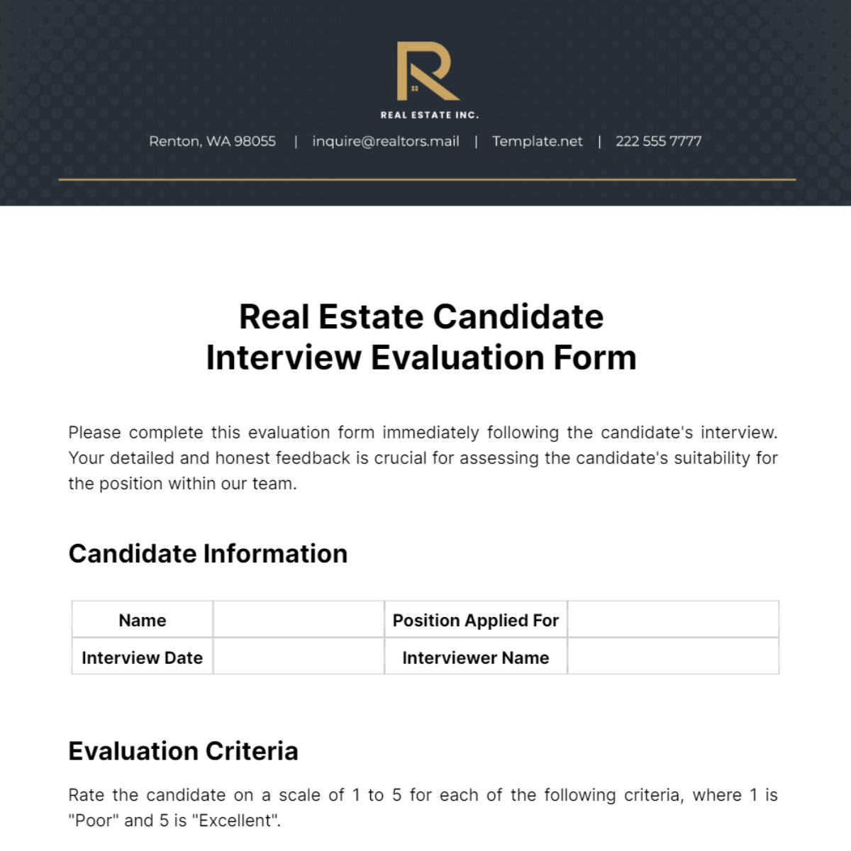 Real Estate Candidate Interview Evaluation Form Template