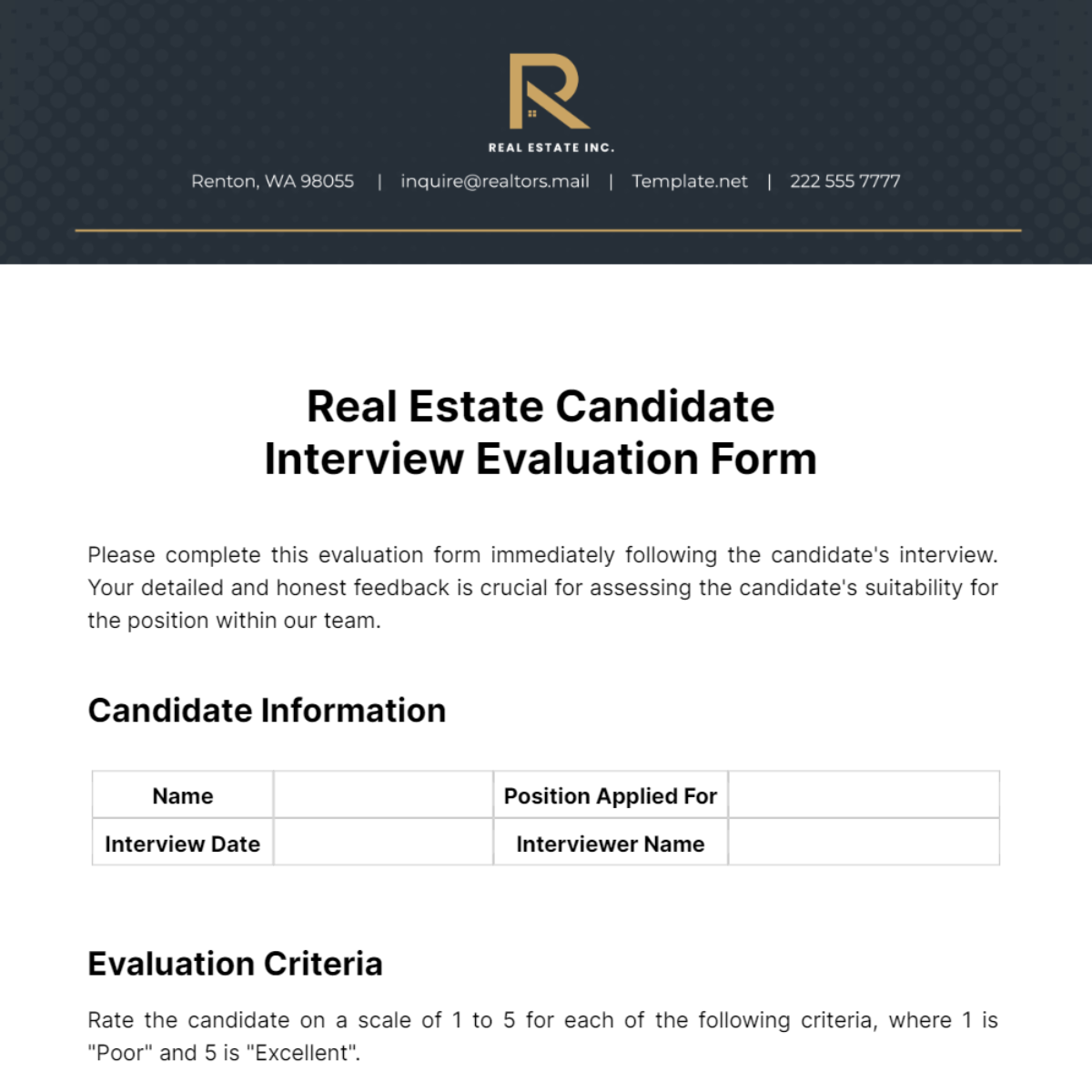 Real Estate Candidate Interview Evaluation Form Template - Edit Online & Download