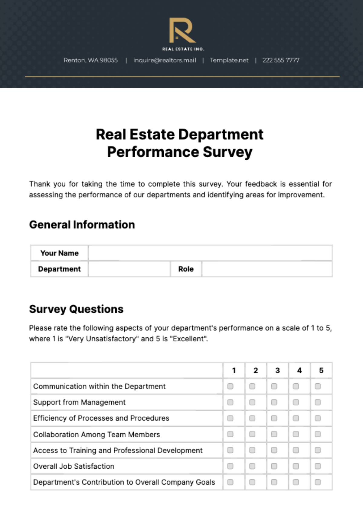 Real Estate Department Performance Survey Template