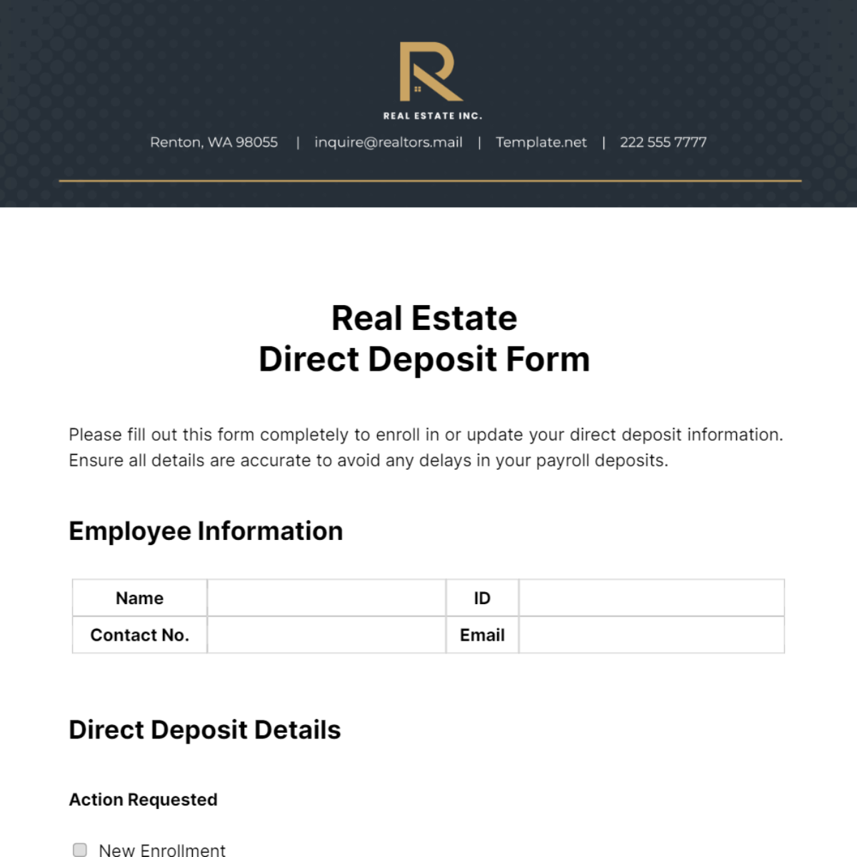 Real Estate Direct Deposit Form Template