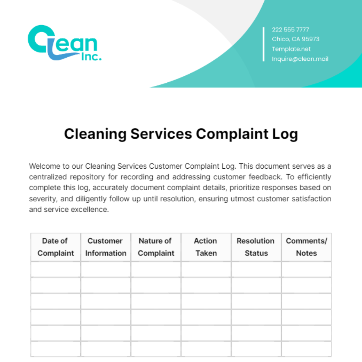 Cleaning Services Customer Complaint Log Template