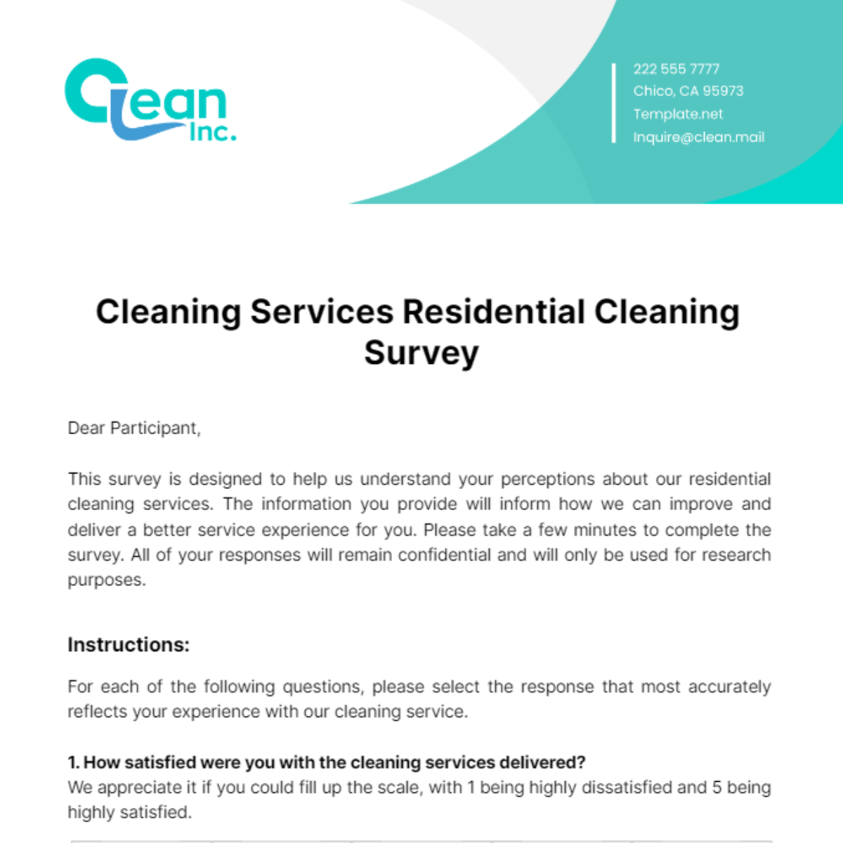 Free Cleaning Services Residential Cleaning Survey Template