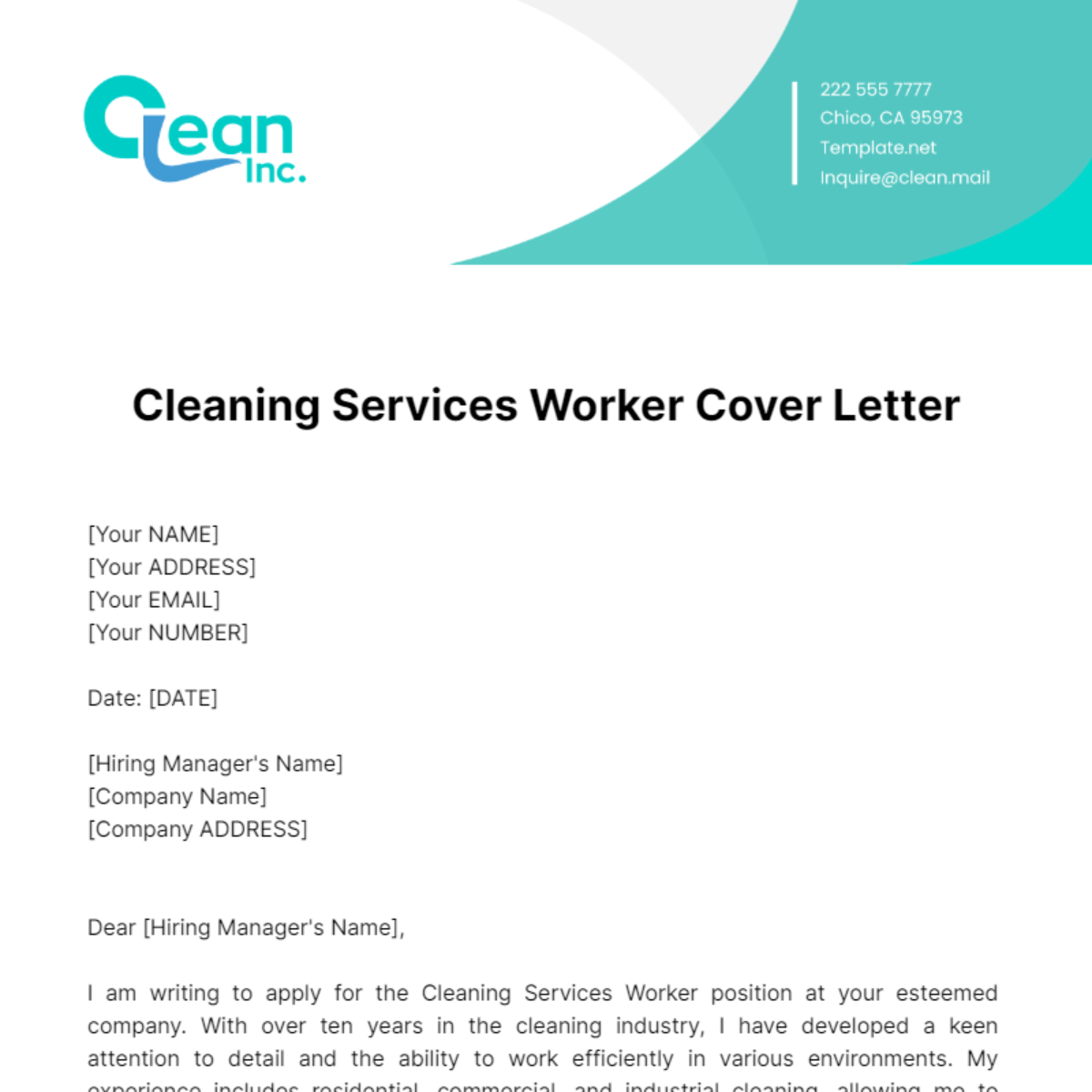 Free Cleaning Services Worker Cover Letter Template