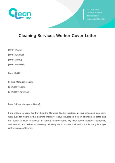 Free Cleaning Services Worker Cover Letter Template to Edit Online