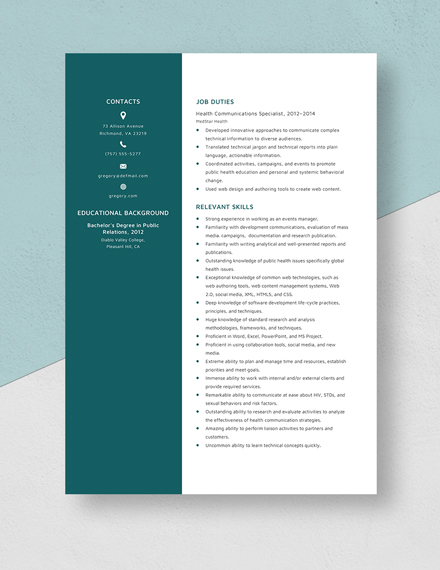 Health Communication Specialist Resume Template