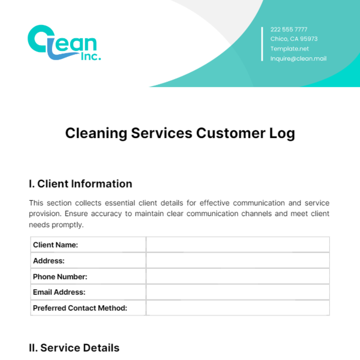 Cleaning Services Customer Log Template