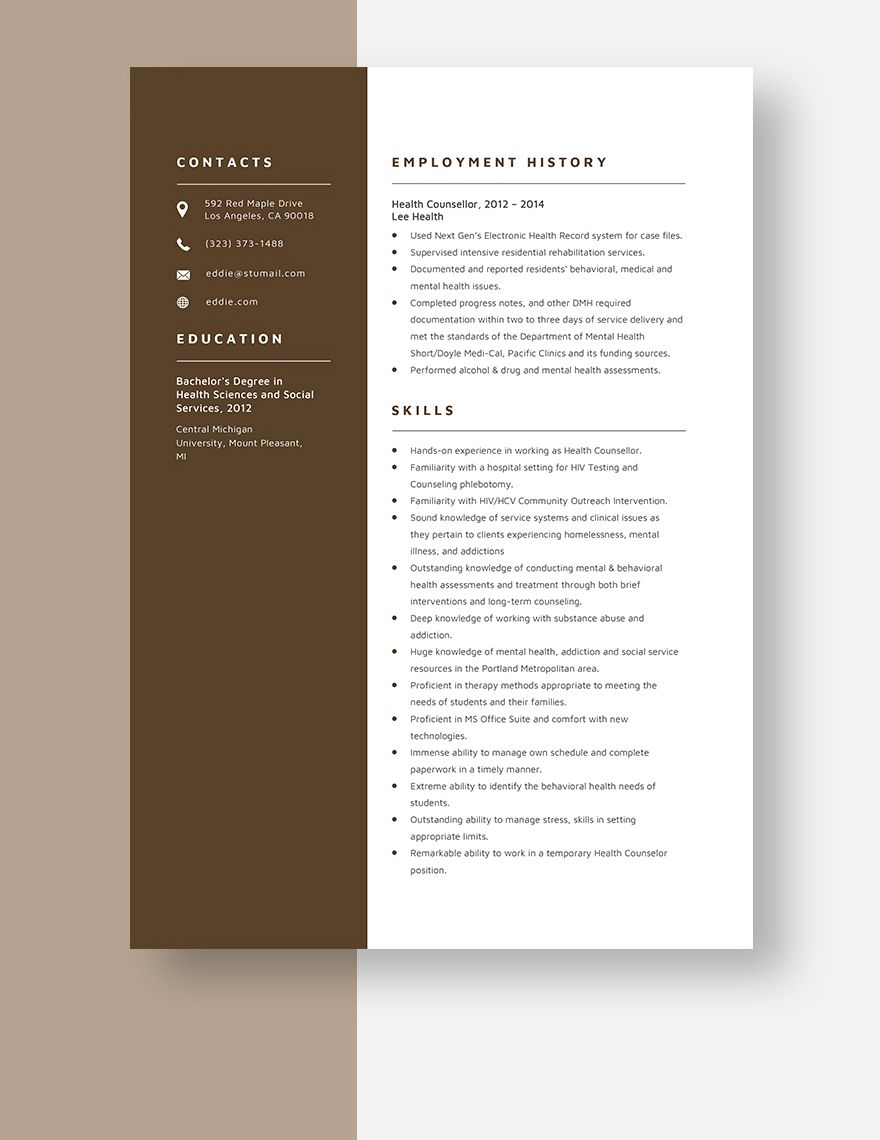 Health Counsellor Resume