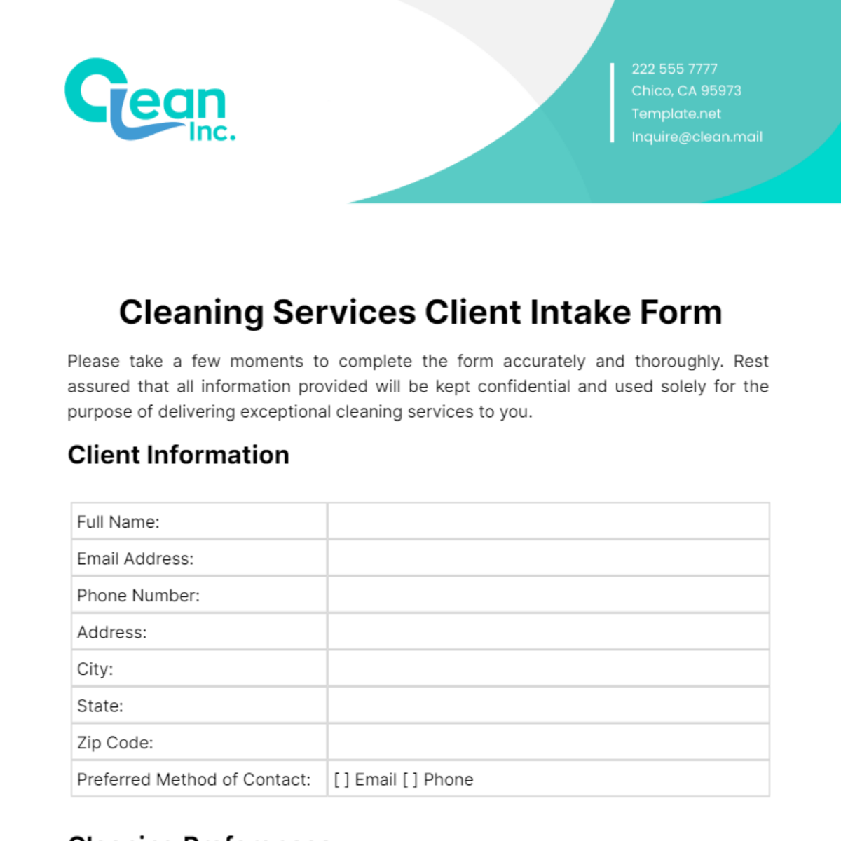 Cleaning Services Client Intake Form Template
