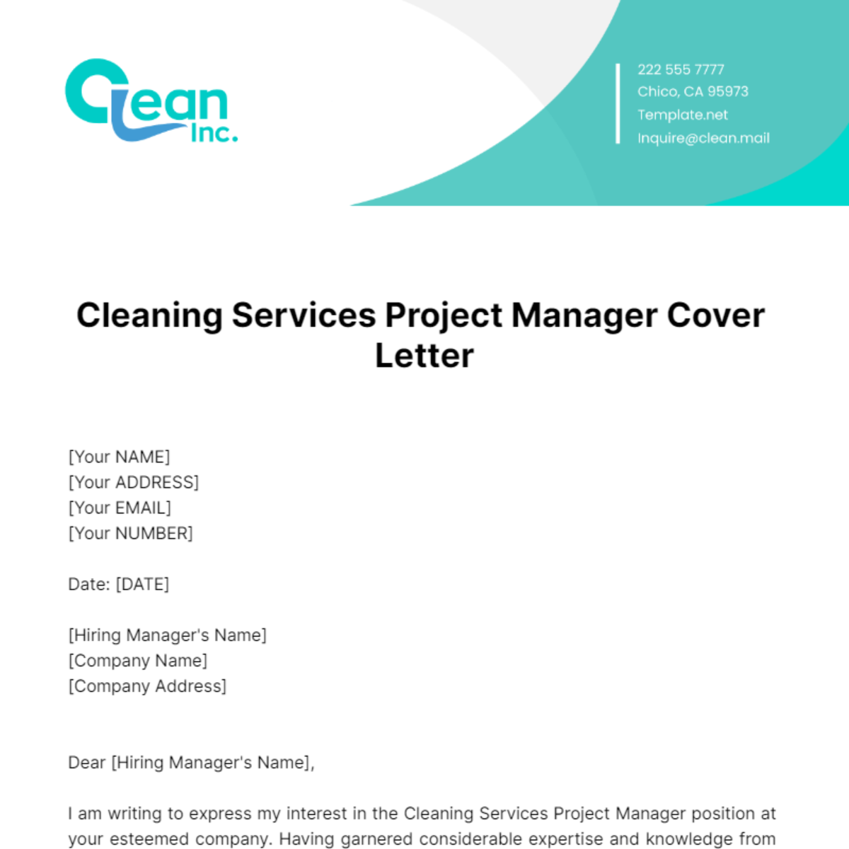 Free Cleaning Services Project Manager Cover Letter Template