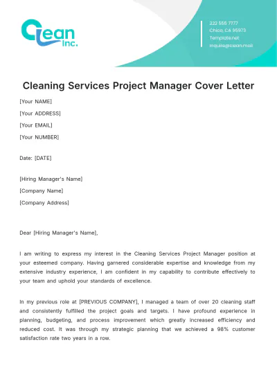 Free Cleaning Services Project Manager Cover Letter Template to Edit Online