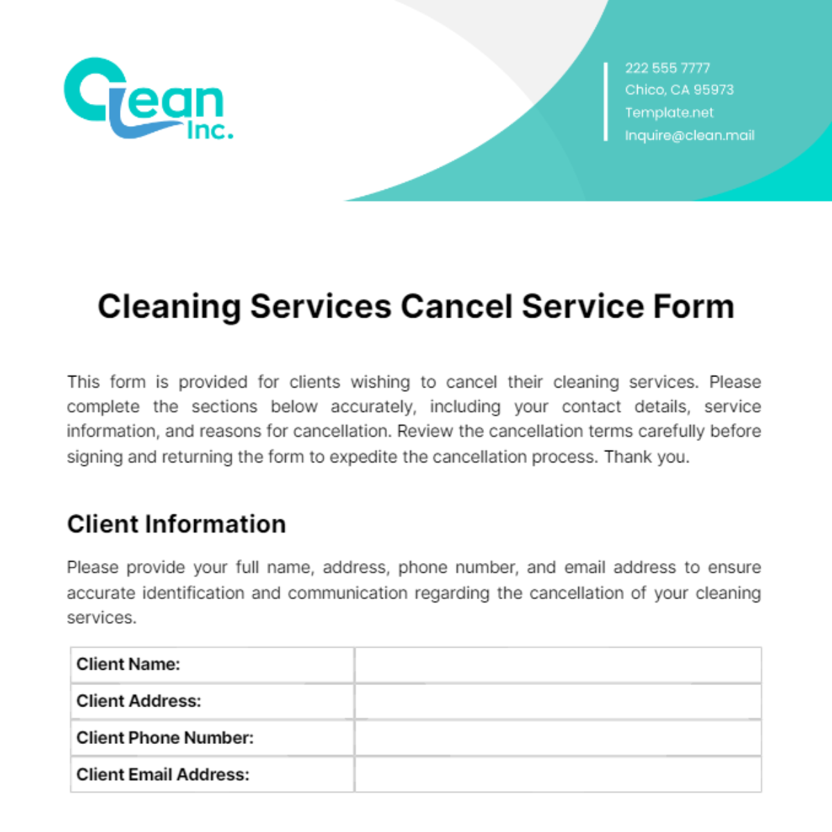 Cleaning Services Cancel Service Form Template
