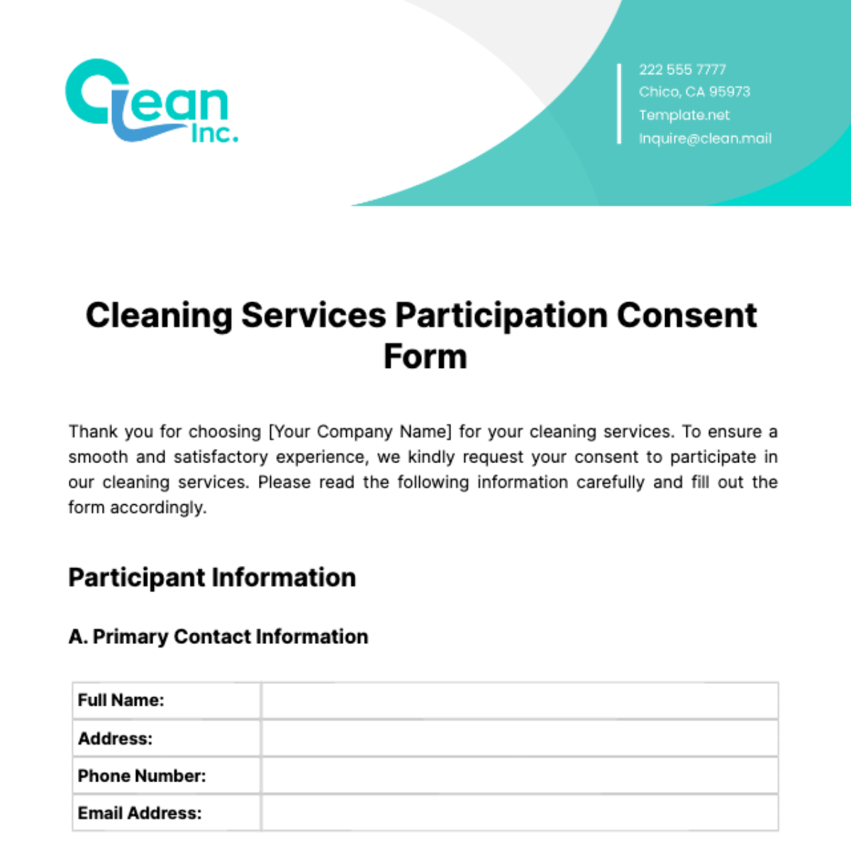 Free Cleaning Services Participation Consent Form Template
