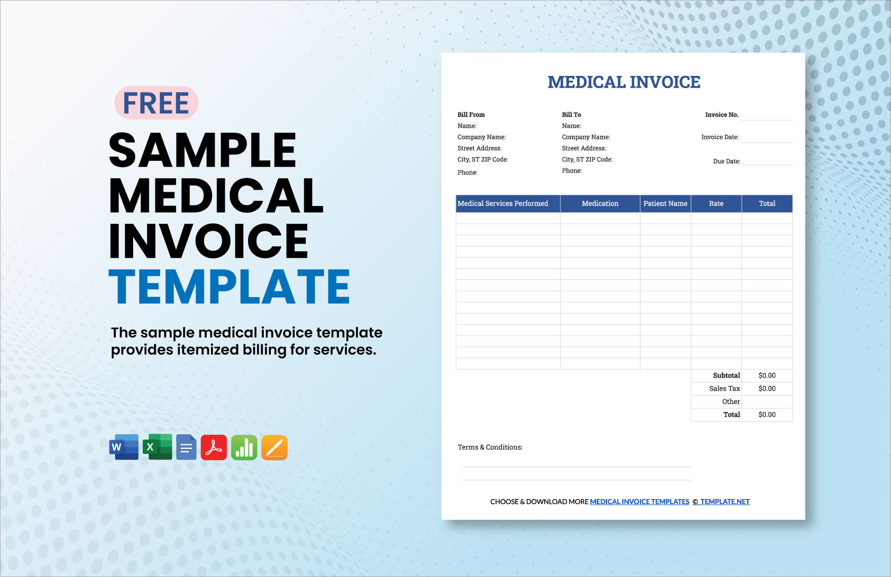 Sample Medical Invoice Template in Google Docs, Word, PDF, Pages, Apple Numbers, Excel, Google Sheets - Download | Template.net