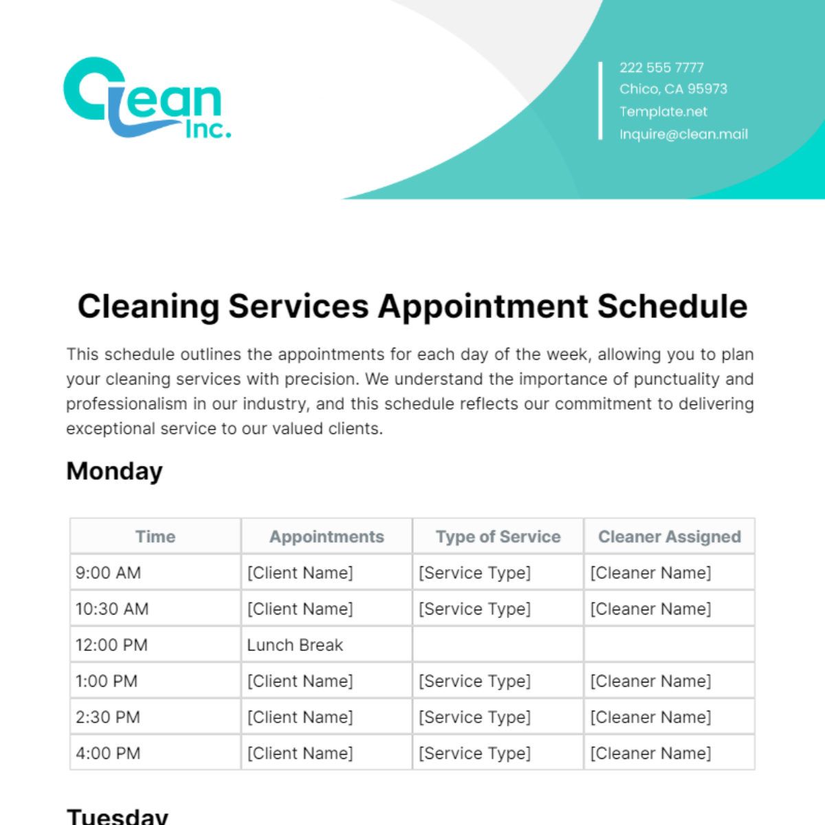 Free Cleaning Services Appointment Schedule Template