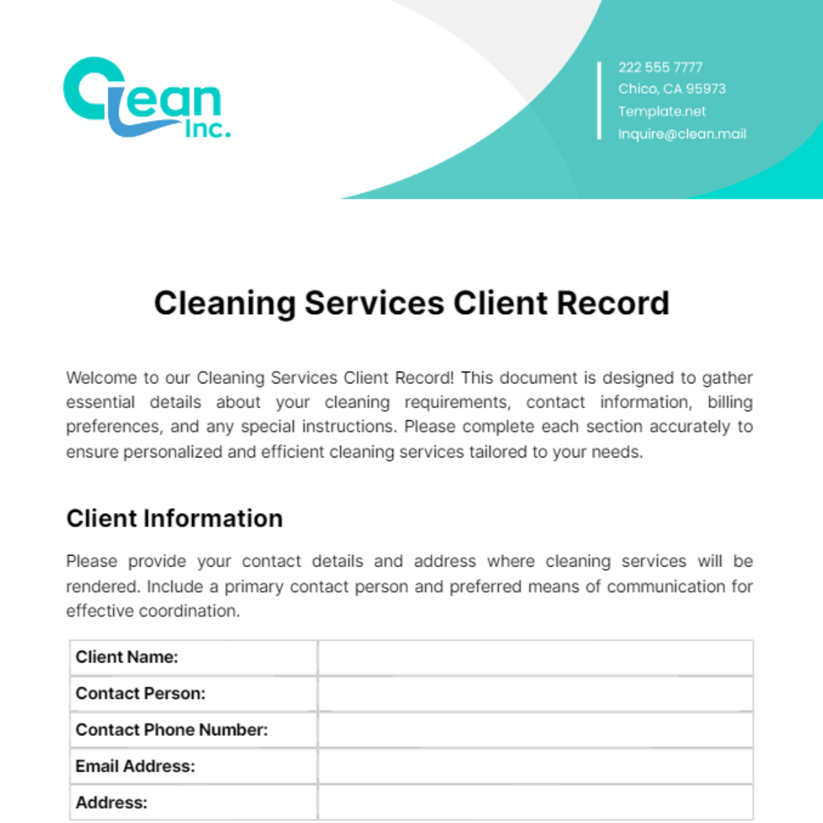 Cleaning Services Client Record Template