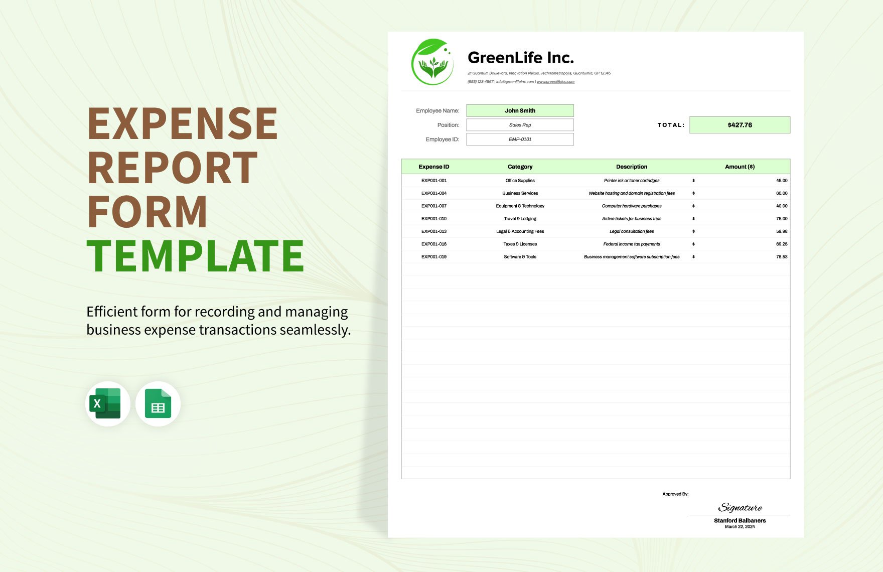 Expense Report Form Template in Excel, Google Sheets