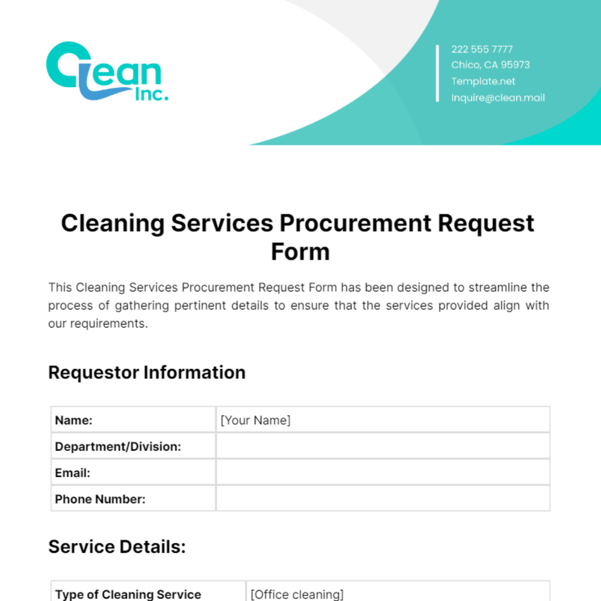 Free Cleaning Services Procurement Request Form Template