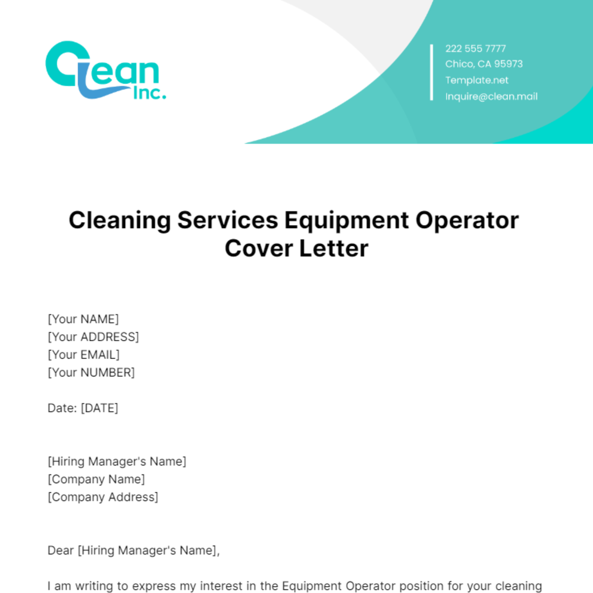 Free Cleaning Services Equipment Operator Cover Letter Template