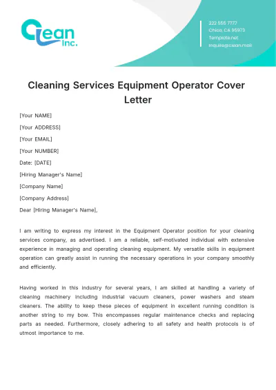 Free Cleaning Services Equipment Operator Cover Letter Template to Edit Online