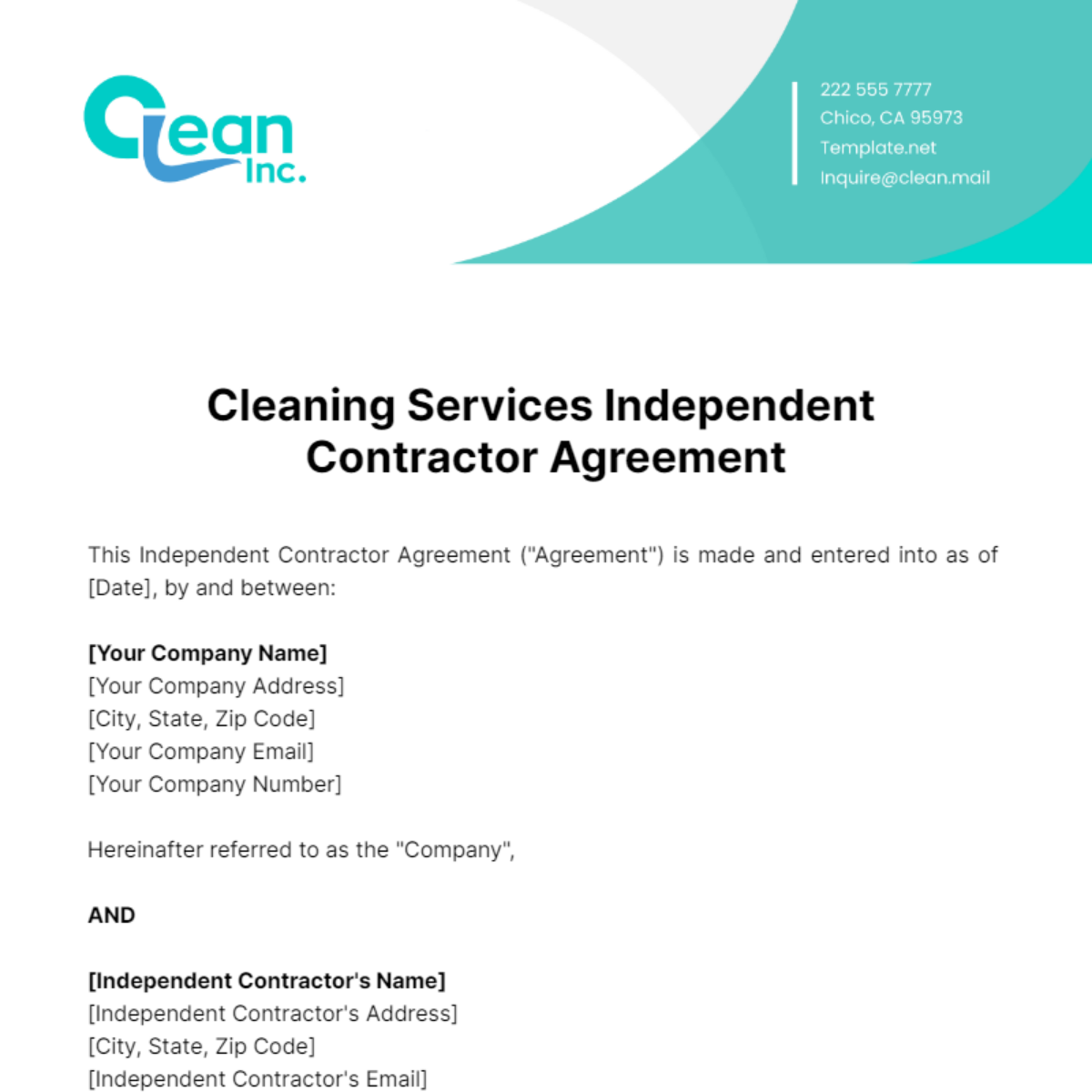Free Cleaning Services Independent Contractor Agreement Template