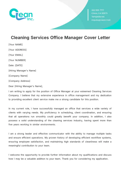 Free Cleaning Services Office Manager Cover Letter Template to Edit Online