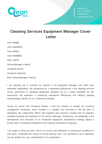 Free Cleaning Services Equipment Manager Cover Letter Template to Edit Online