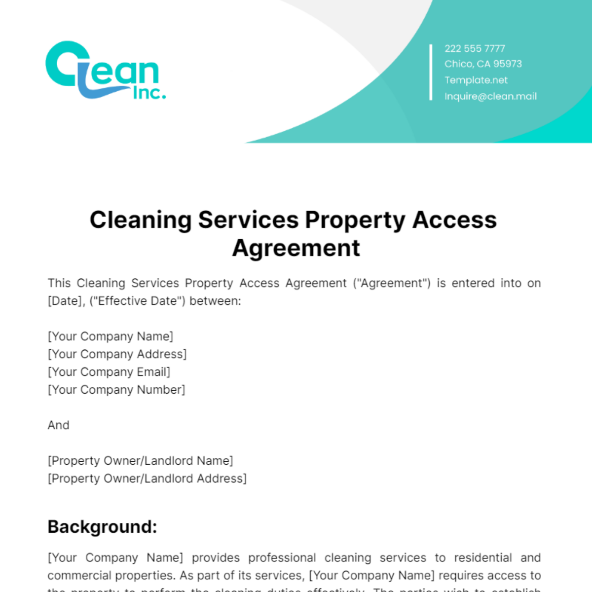 Free Cleaning Services Property Access Agreement Template