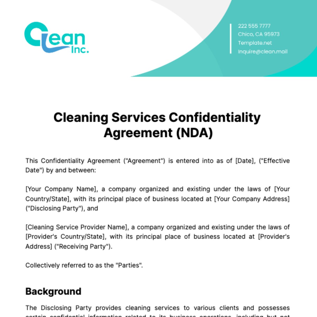 Cleaning Services Confidentiality Agreement (NDA) Template