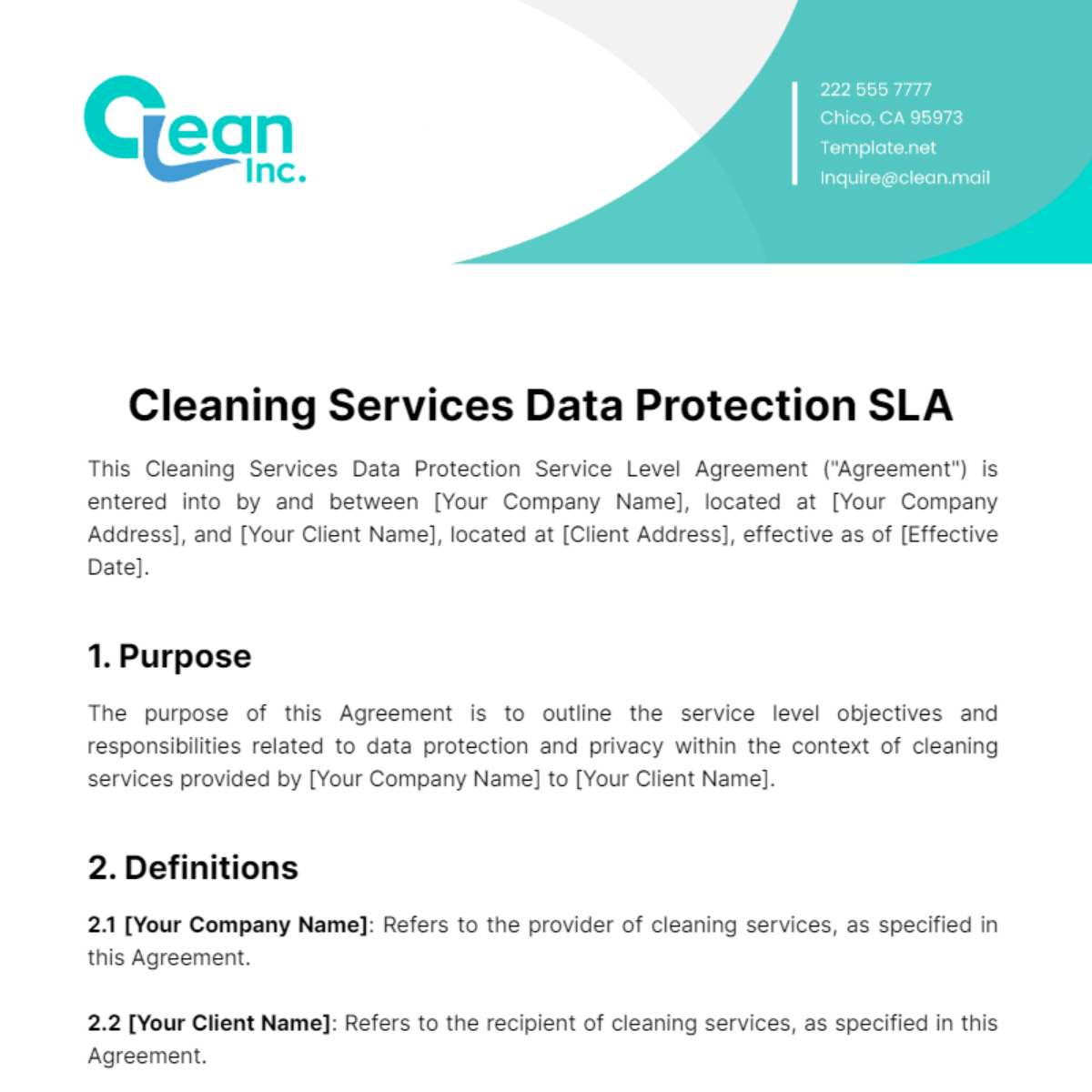 Free Cleaning Services Data Protection SLA Template