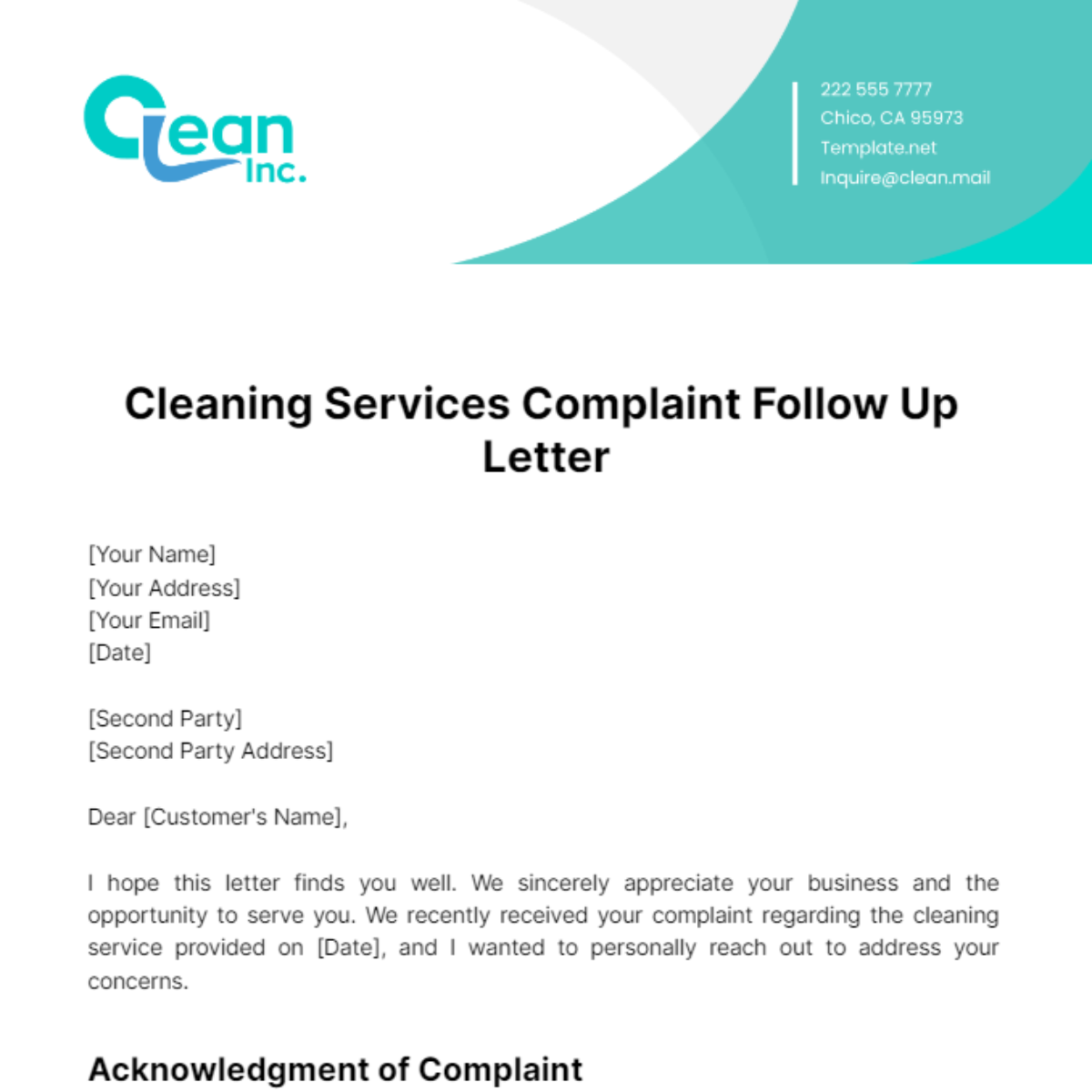 Free Cleaning Services Complaint Follow Up Letter Template