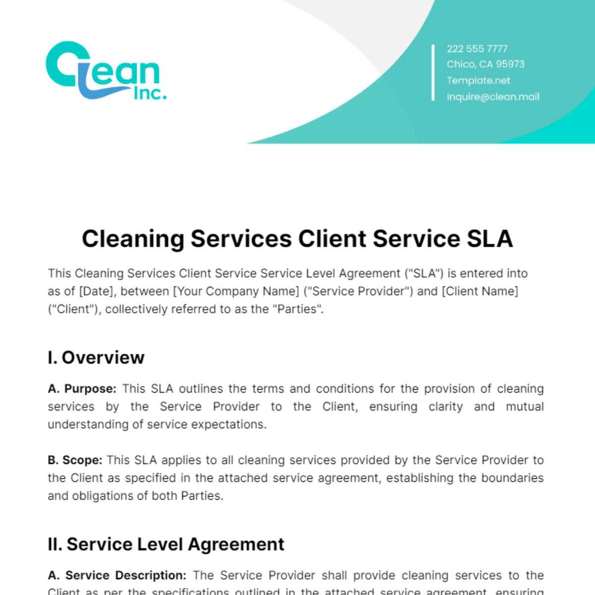 Free Cleaning Services Client Service SLA Template