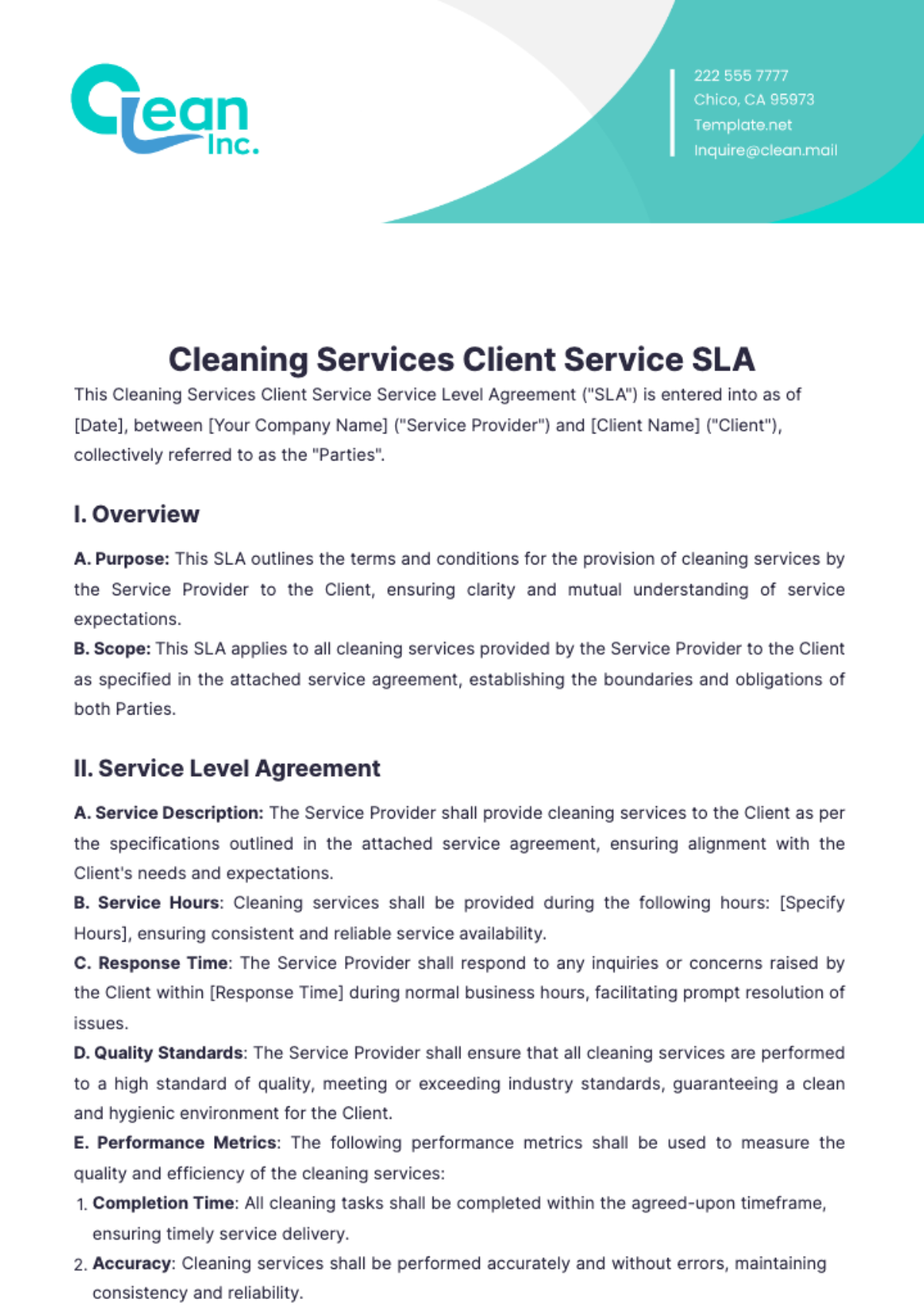 Cleaning Services Client Service SLA Template - Edit Online & Download